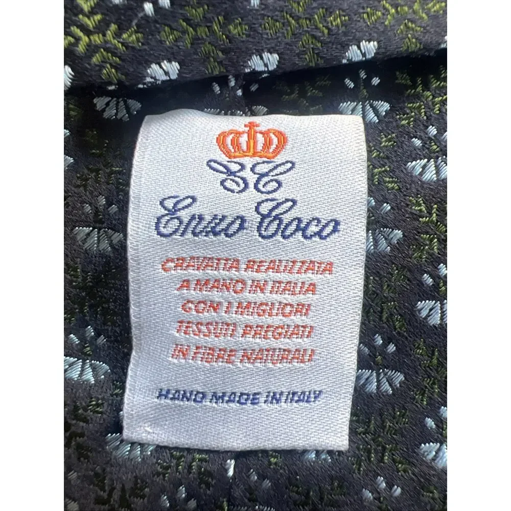 Italian Enzo Coco Silk Tie Handmade in Italy Green Navy silver floral Geometric
